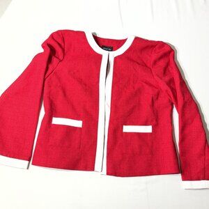 Leslie Fay Womens Red & White Open Front Blazer Jacket Size 12 Lightweight Polye
